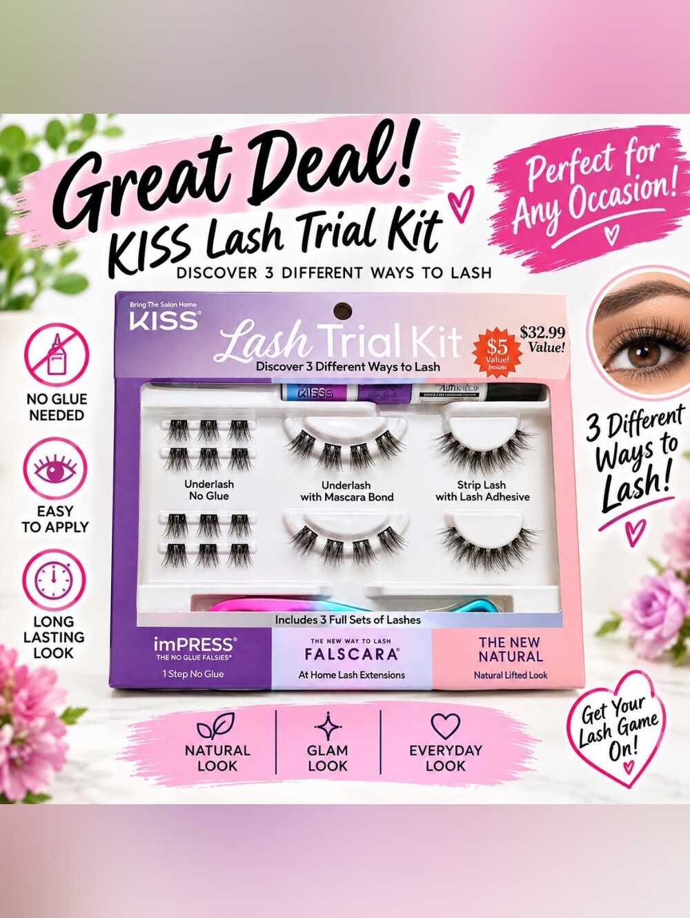 Kiss Lash Trial Kit , 3 Full Set Of Lashes